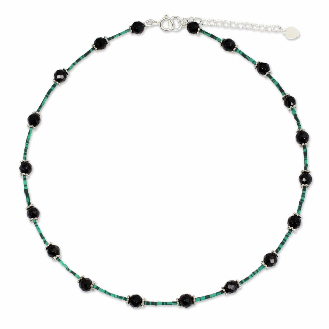 Handcrafted Onyx, Calcite and Sterling Silver Choker - Floral Nights