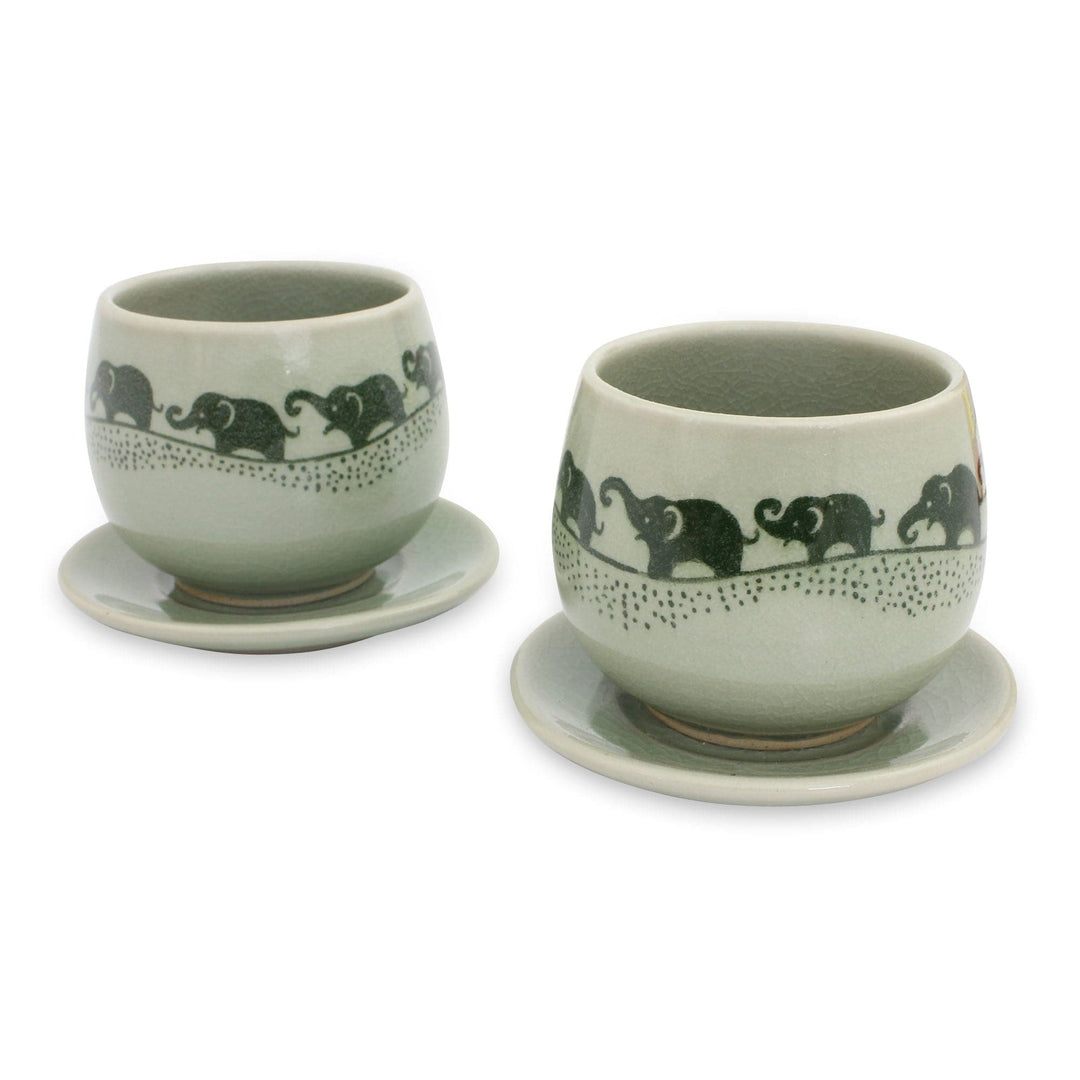 Green Celadon Elephant Teacups and Saucers (Set for 2) - Prancing Elephants