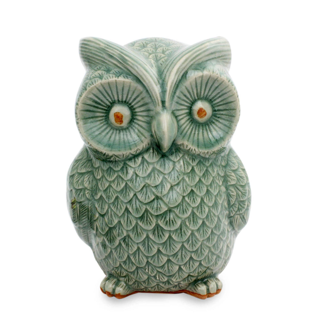 Handcrafted Glazed Celadon Ceramic Owl Statuette - Light Green Wise Owl