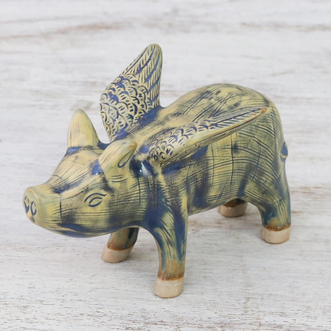 Ceramic Flying Pig in Mustard and Blue Shades - Flying Pig