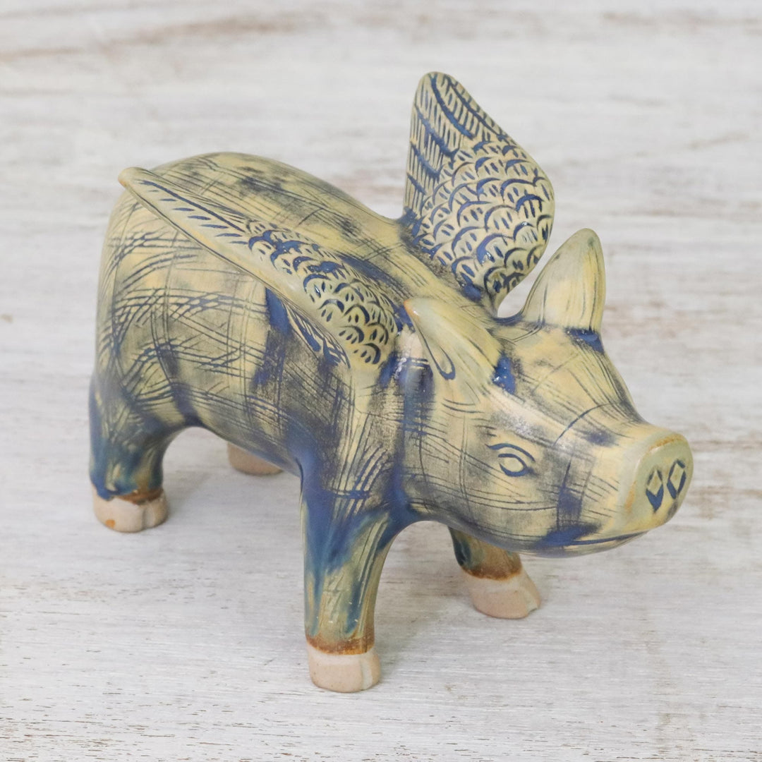 Ceramic Flying Pig in Mustard and Blue Shades - Flying Pig