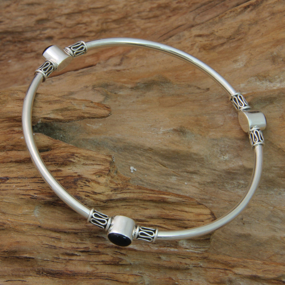 Silver and Onyx Balinese-Style Bangle Bracelet (large) - Harmony of Three