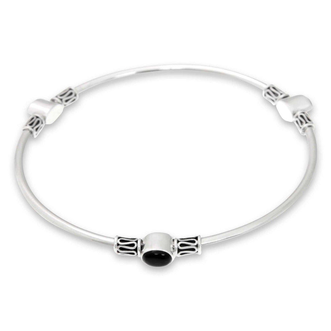 Silver and Onyx Balinese-Style Bangle Bracelet (large) - Harmony of Three