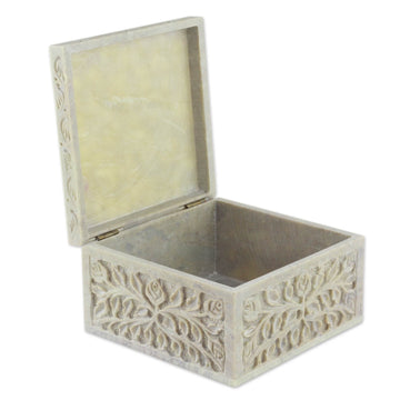Hand Carved Natural Soapstone Jewelry Box from India - Leafy Bower