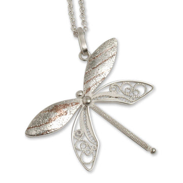 Sterling Silver Filigree Pendant Necklace and Copper Accents - Poised Dragonfly