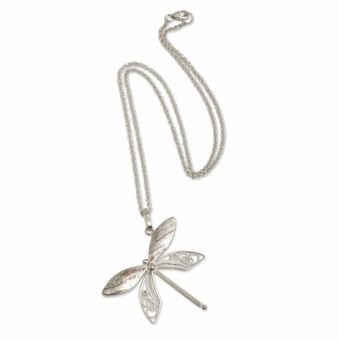 Sterling Silver Filigree Pendant Necklace and Copper Accents - Poised Dragonfly
