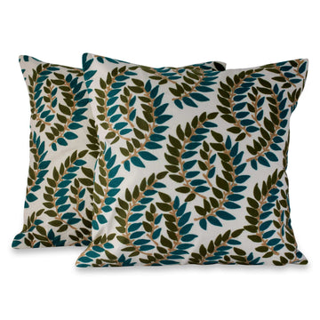 Embroidered Ivory Cushion Covers with Green Leaves (pair) - Autumn Leaves