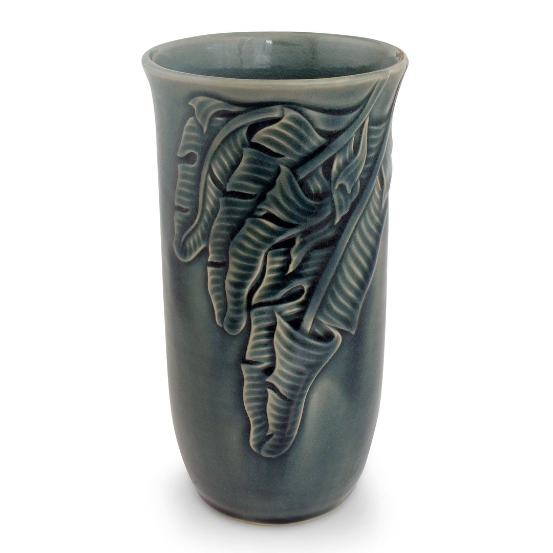 Blue Celadon Ceramic Vase Handcrafted in Thailand - Blue Banana Leaves