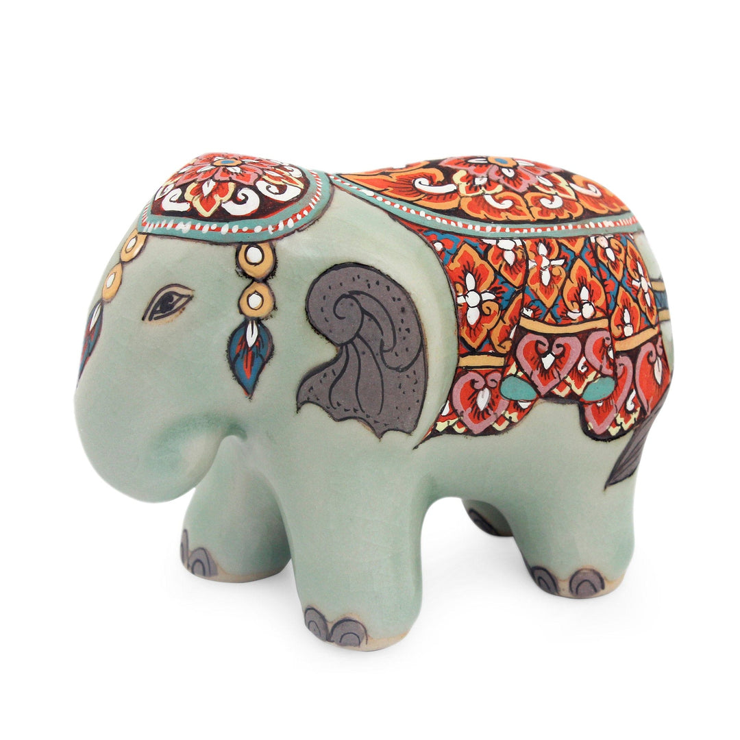 Artisan Crafted Thai Celadon Ceramic Elephant Statuette - Royal Thai Elephant