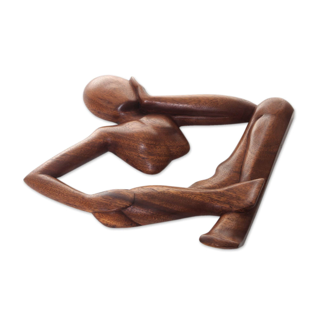 Handmade Brown Wood Wall Sculpture of Relaxed Figure - Relaxing Artisan