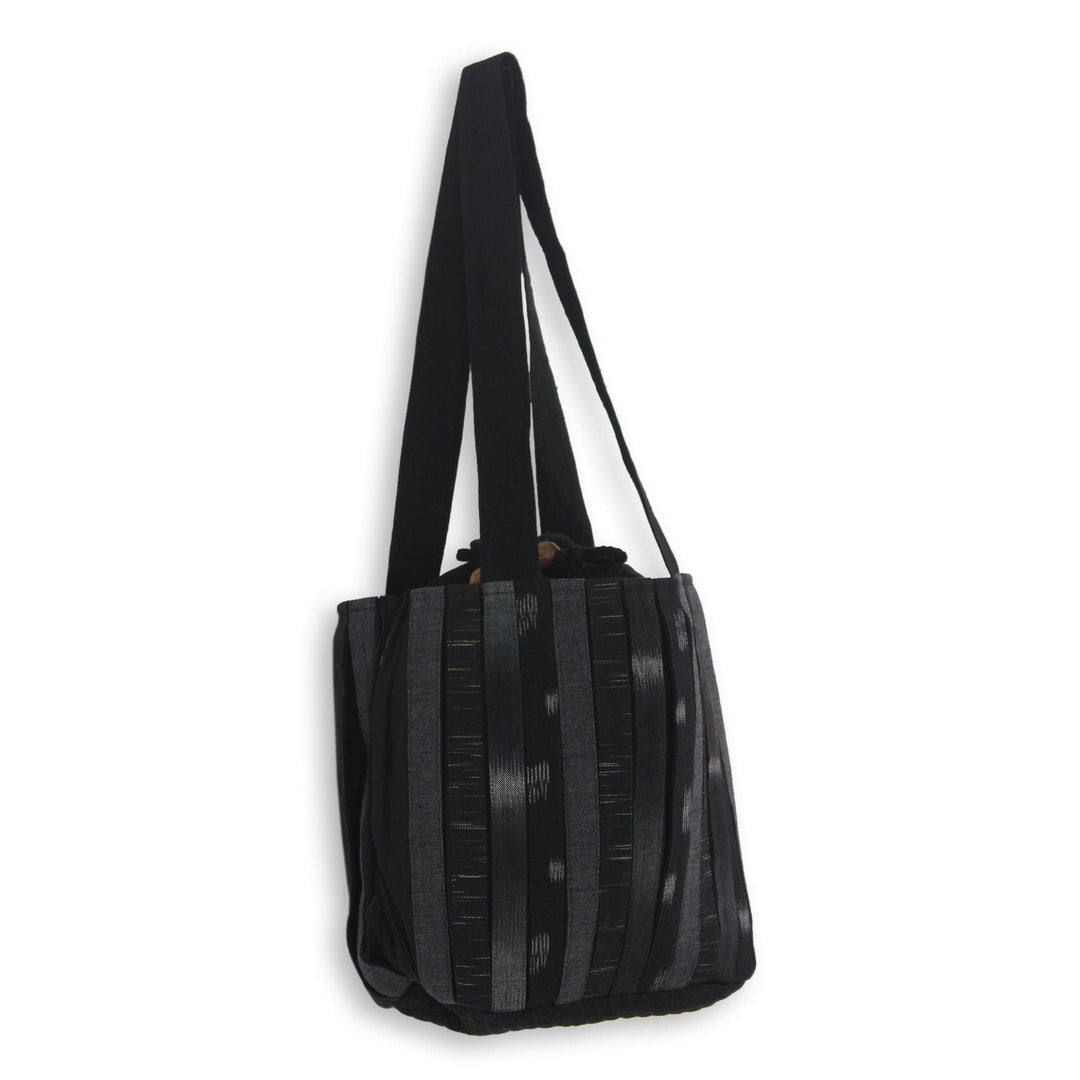Dark Ikat Style Hand Woven Cotton Shoulder Bag with Pockets - Orient Black