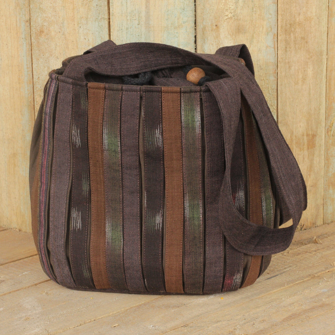 Ikat Style Hand Woven Cotton Shoulder Bag with Pockets - Oriental Dark Brown