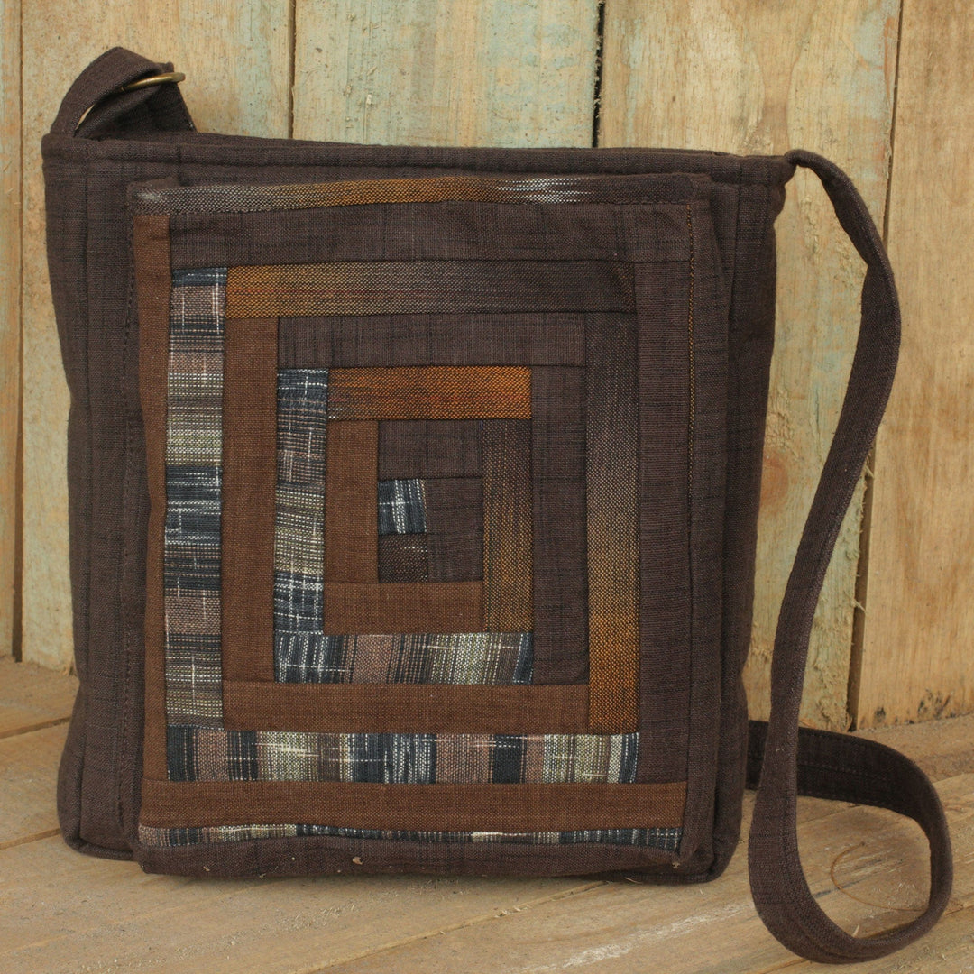 Thai Applique Shoulder Bag in Brown Cotton and 3 Pockets - Brown Siam