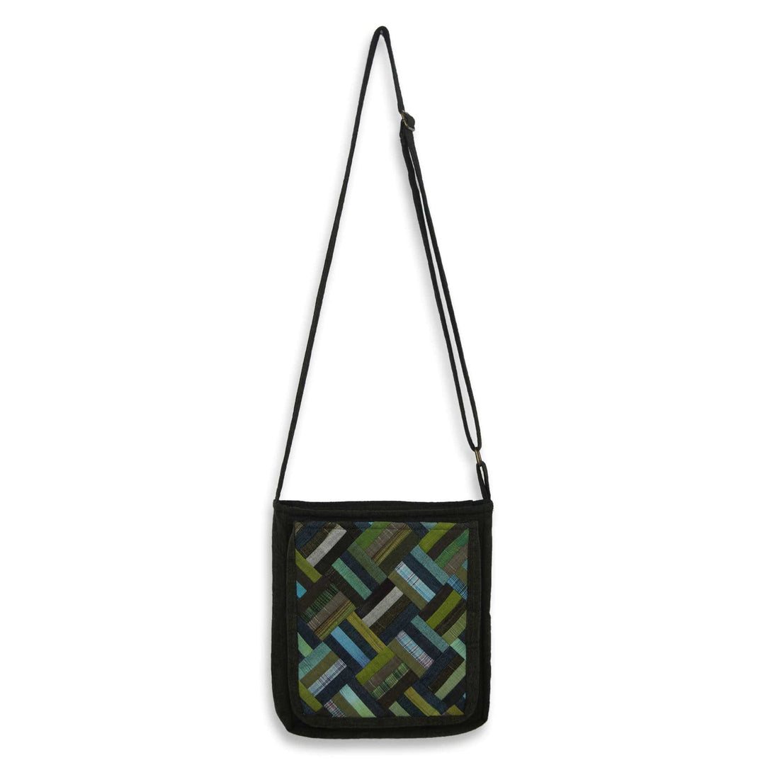 Cotton Thai Applique Shoulder Bag in Green with 3 Pockets - Dark Green Siam