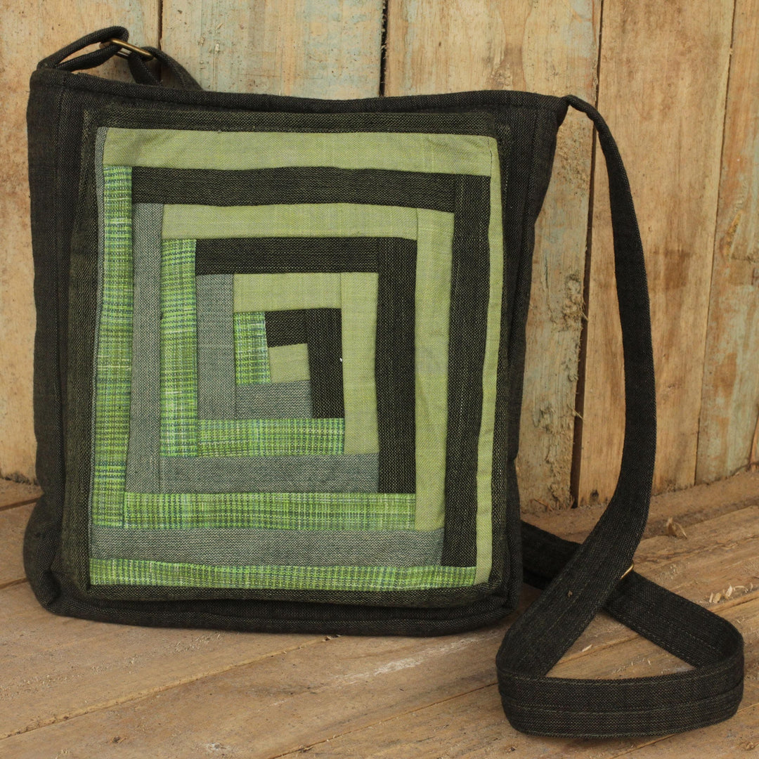 Cotton Thai Applique Shoulder Bag in Green with 3 Pockets - Dark Green Siam