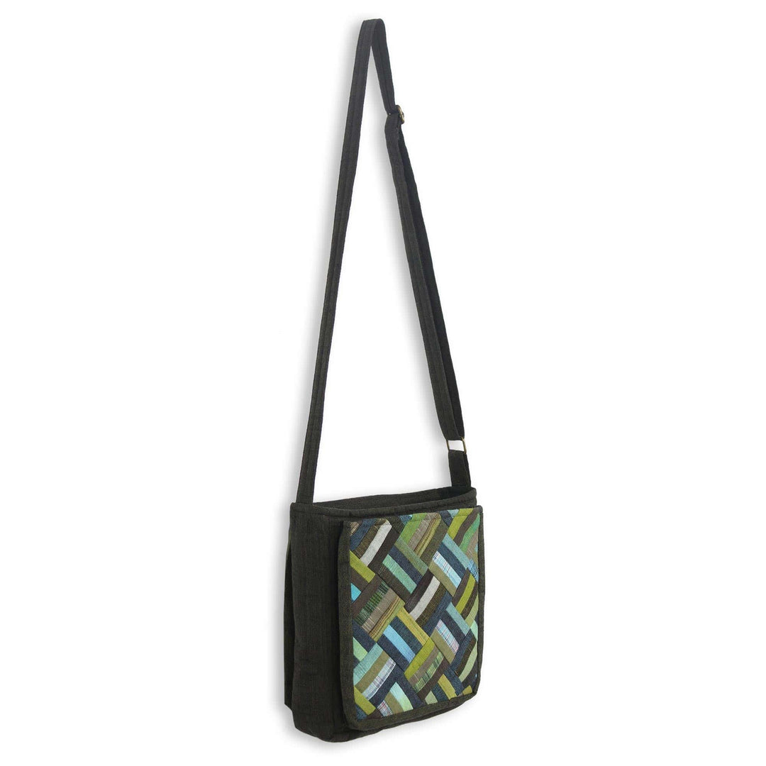 Cotton Thai Applique Shoulder Bag in Green with 3 Pockets - Dark Green Siam