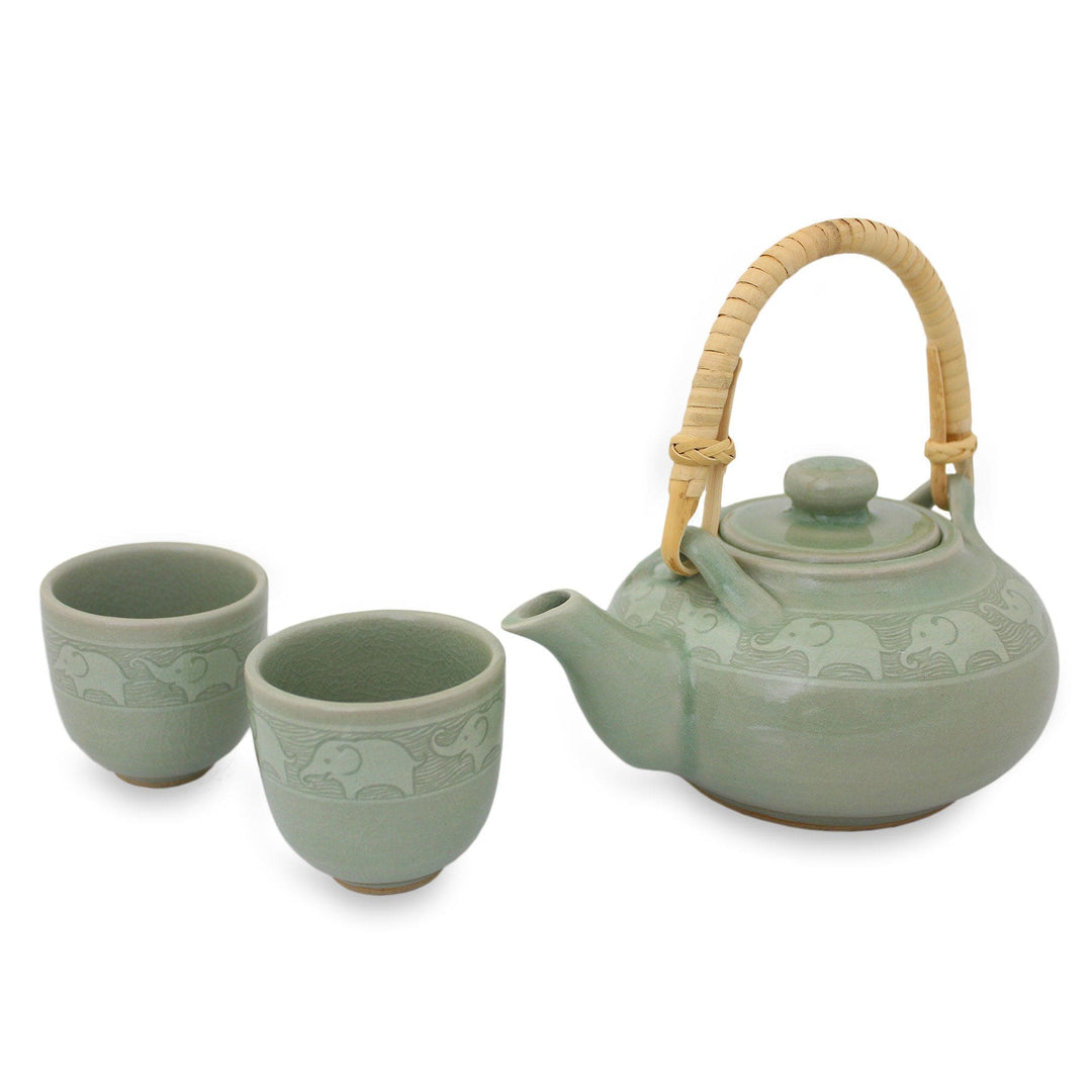 Handmade Tea Set Made of Green Celadon Ceramic (Set for 2) - Warm Elephants