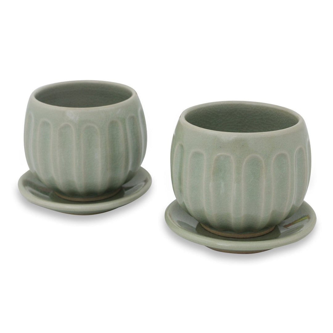 Fair Trade Thai Celadon Ceramic Teacups and Saucers (pair) - Thai Jade