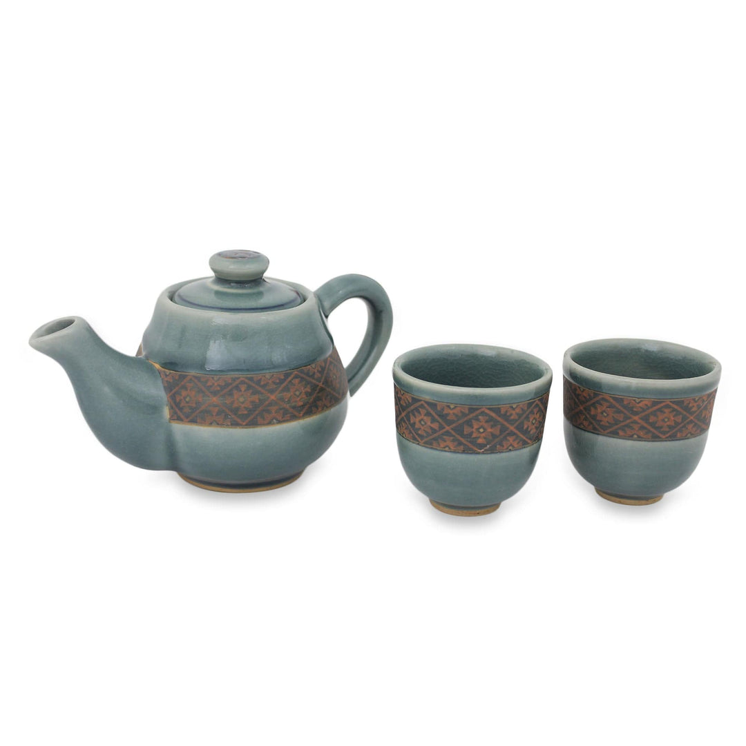 Blue Celadon Tea Set Handmade in Thailand (Set for 2) - Thai Weave Inspiration