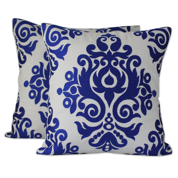 White and Blue Embroidered Cotton Cushion Covers (Pair) - Sapphire Beauty