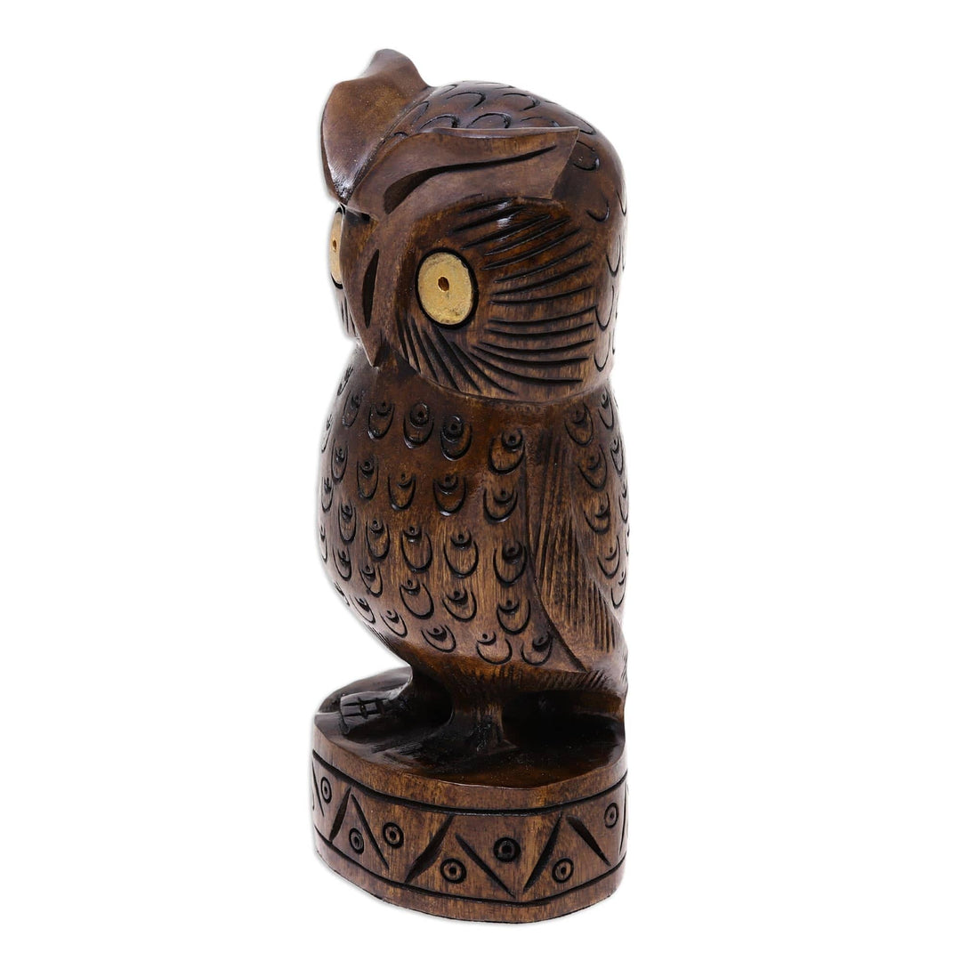 Antiqued Wood Bird Statuette Carved by Hand in - Vigilant Owl
