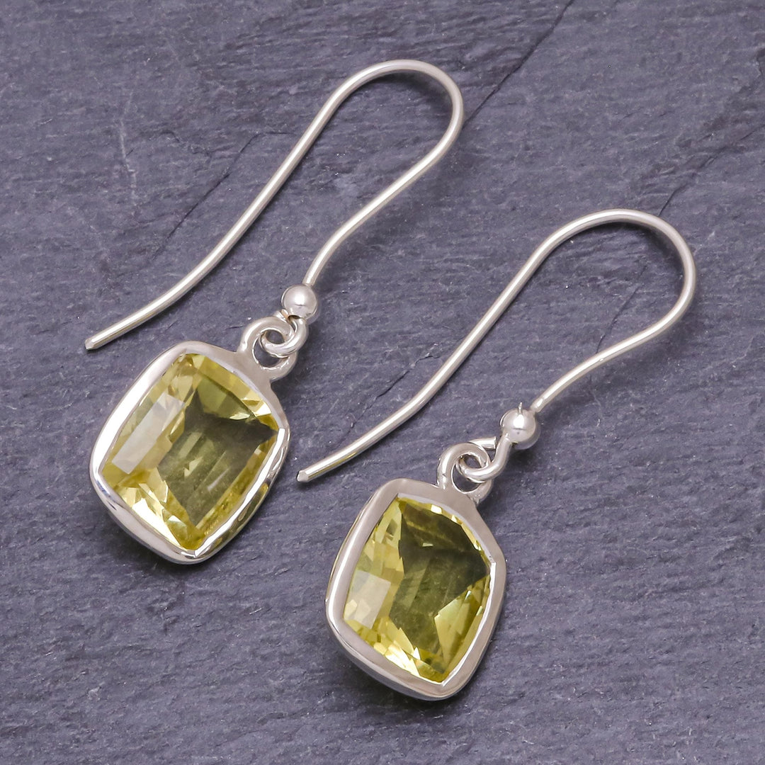 Princess Cut 12 Ct Lemon Quartz and Silver Dangle Earrings - Autumn Sunshine