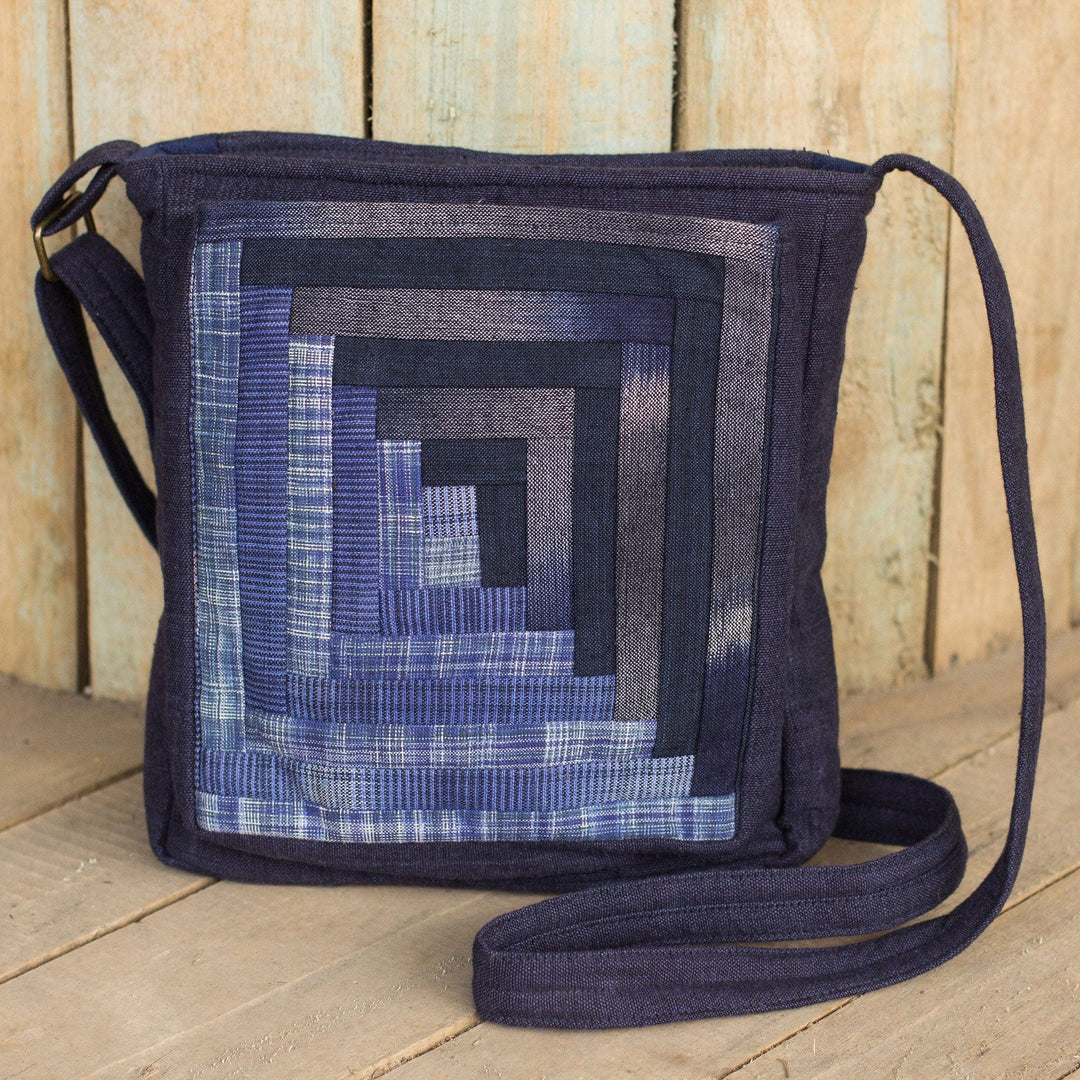 Blue Cotton Thai Applique Shoulder Bag with 3 Pockets - Blue Siam