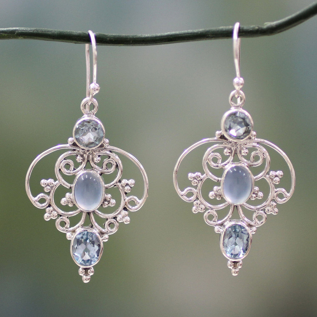 Artisan Crafted Blue Topaz Dangle Earrings with Chalcedony - Blue Arabesque