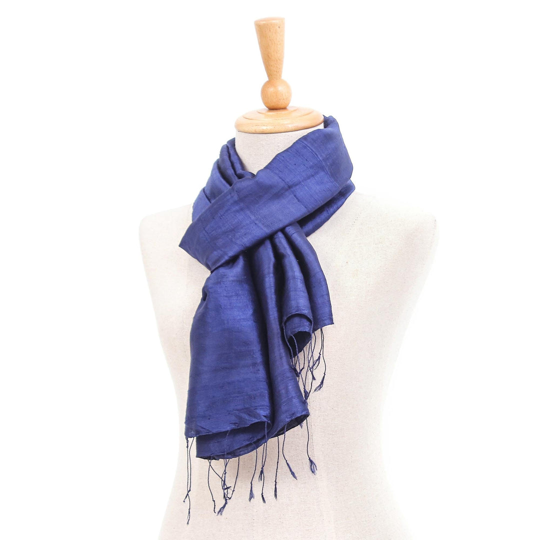 Hand Woven Blue Thai Silk and Rayon Scarf - Sapphire Night