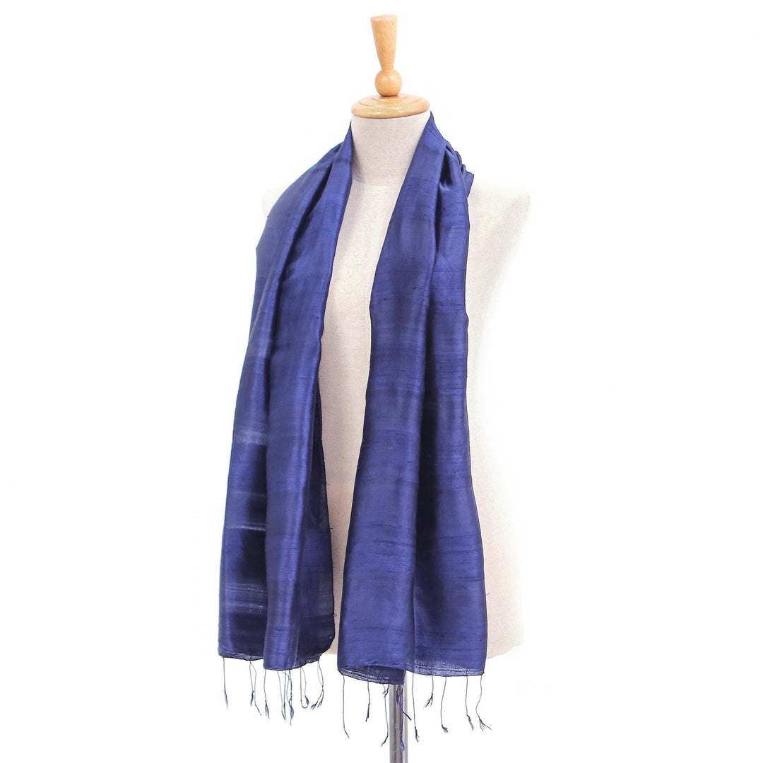 Hand Woven Blue Thai Silk and Rayon Scarf - Sapphire Night
