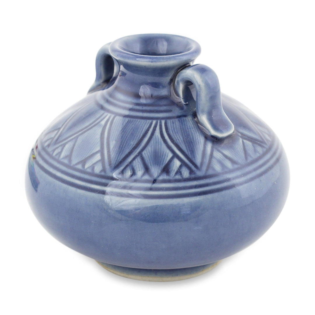 Dark Blue Classic Thai Celadon Ceramic Vase - Sawankhalok Sapphire Lotus