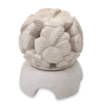 Carved Floral Limestone Tealight Candleholder from Bali - Hibiscus
