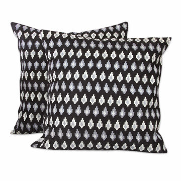 Embroidered Stars on Black Satin Cushion Covers (Pair) - Midnight Black