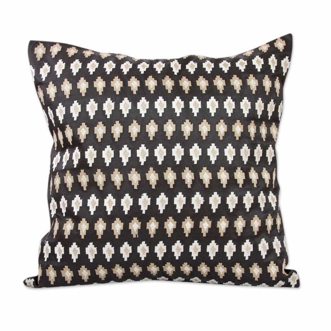 Embroidered Beige Stars on Black Satin Cushion Covers (Pair) - Midnight Desert