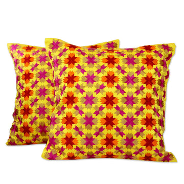 Multi Color Stars over Yellow Satin Cushion Covers (Pair) - Holi Stars