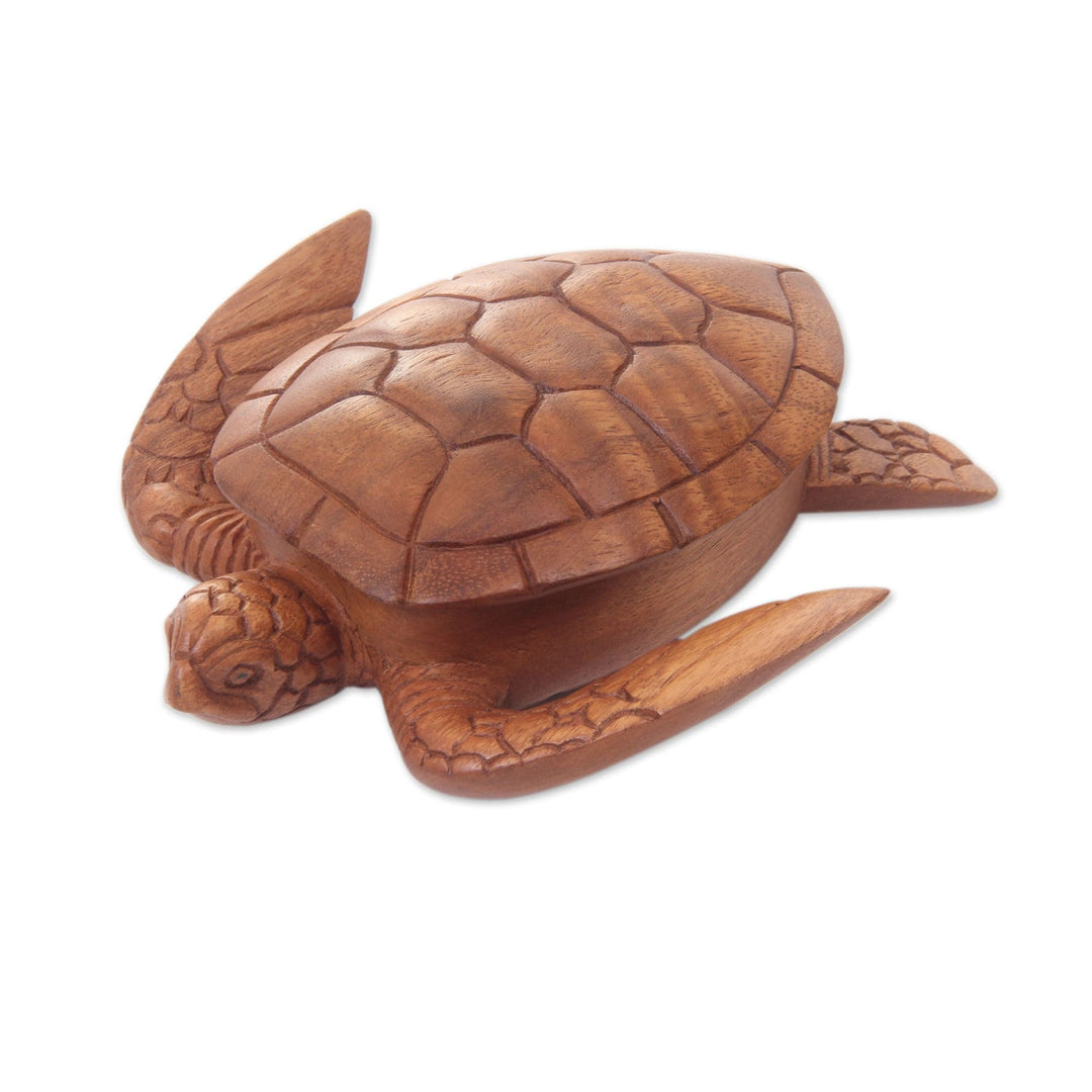 Hand Carved Wood Sculpture Decorative Box - Sea Turtle Guardian