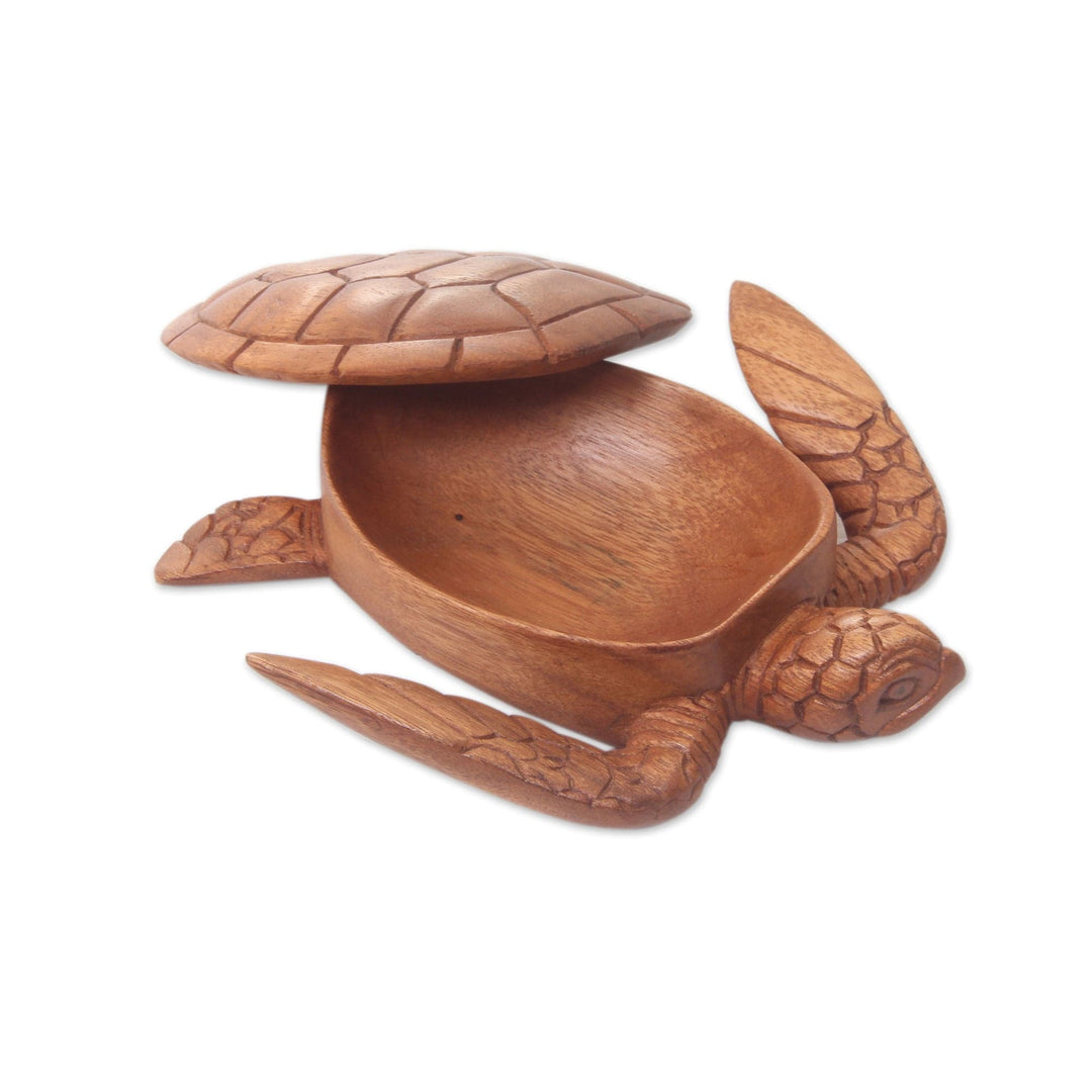 Hand Carved Wood Sculpture Decorative Box - Sea Turtle Guardian