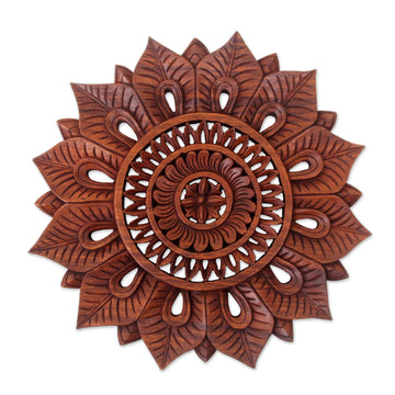 Floral Motif Artisan Hand Carved Wood Relief Panel - Sunflower