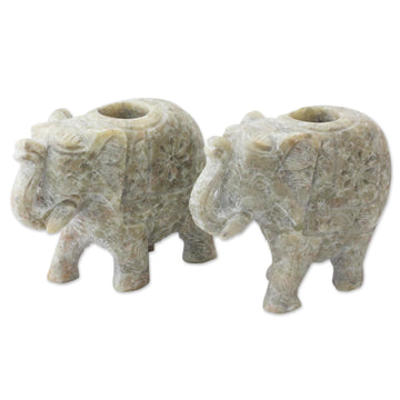 Soapstone Elephant Candle Holders for Taper Candles (Pair) - Royal Charm