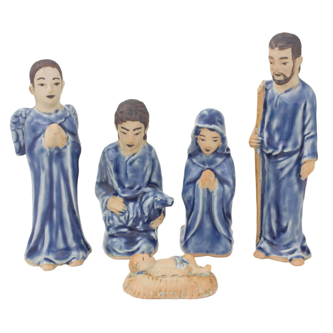 Hand Crafted Celadon Ceramic Nativity Statuettes (set of 5) - Blessed Nativity in Blue