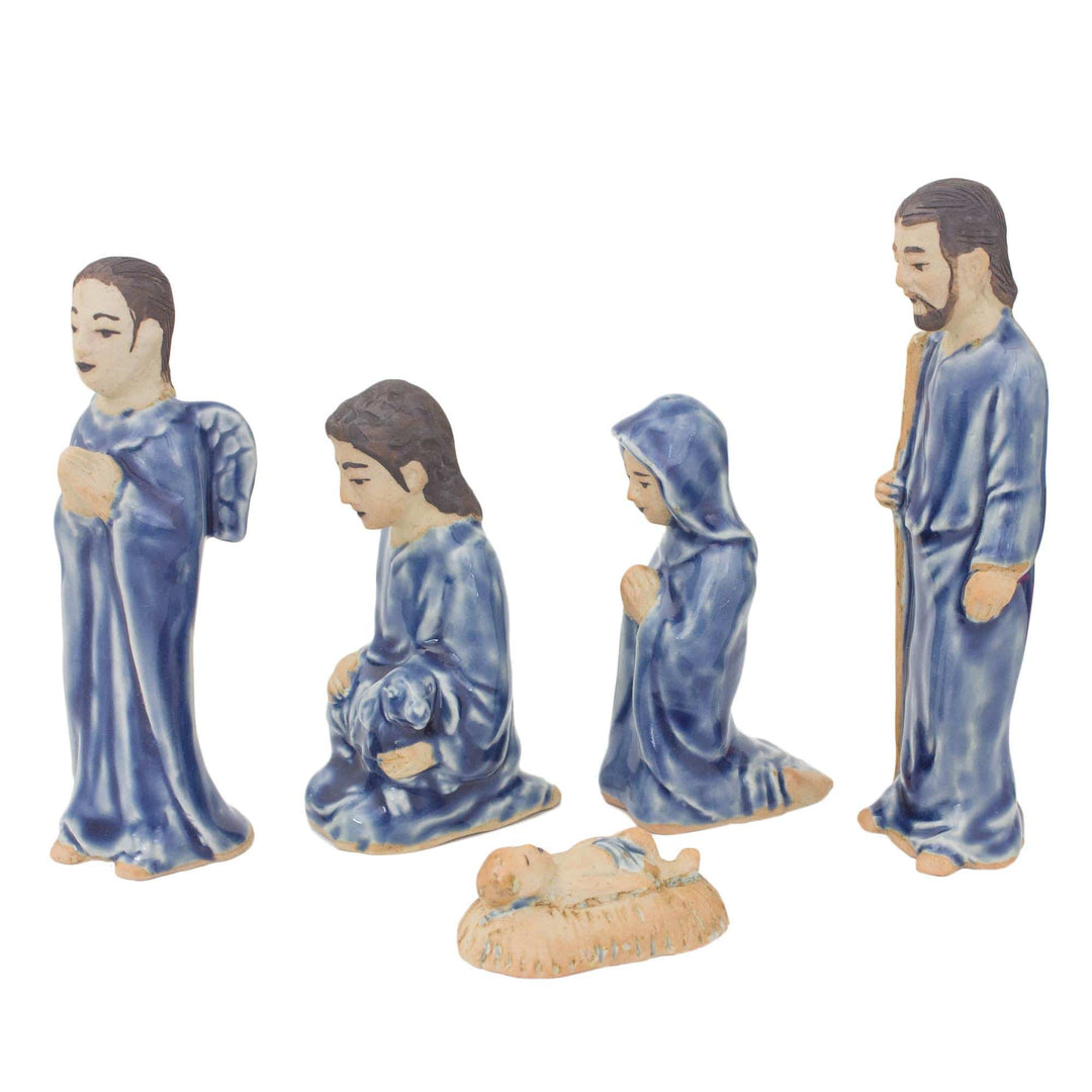 Hand Crafted Celadon Ceramic Nativity Statuettes (set of 5) - Blessed Nativity in Blue