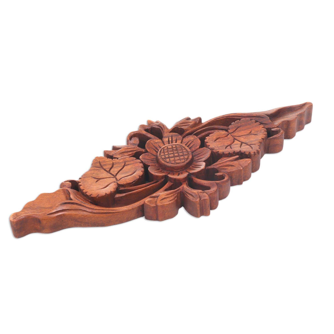 Lotus Blossom Hand Carved Wood Relief Panel from Bali - Singular Lotus