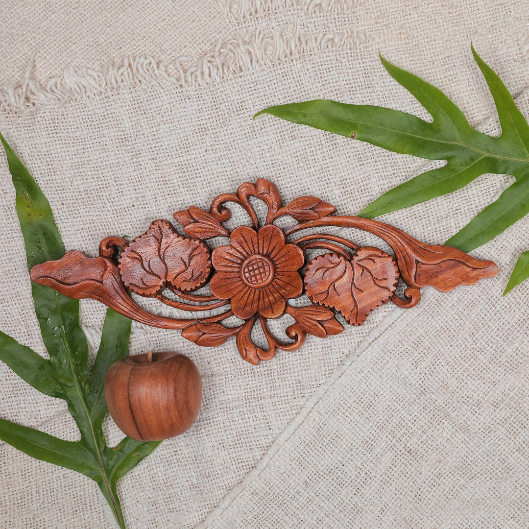 Lotus Blossom Hand Carved Wood Relief Panel from Bali - Singular Lotus