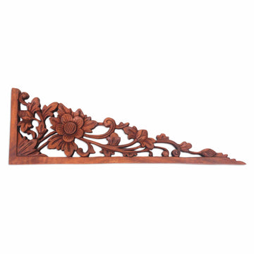 Balinese Hand Carved Lotus Blossom Wood Relief Panel - Lotus Tendrils
