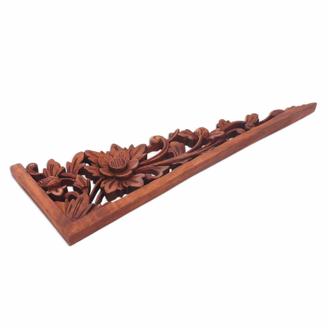 Balinese Hand Carved Lotus Blossom Wood Relief Panel - Lotus Tendrils