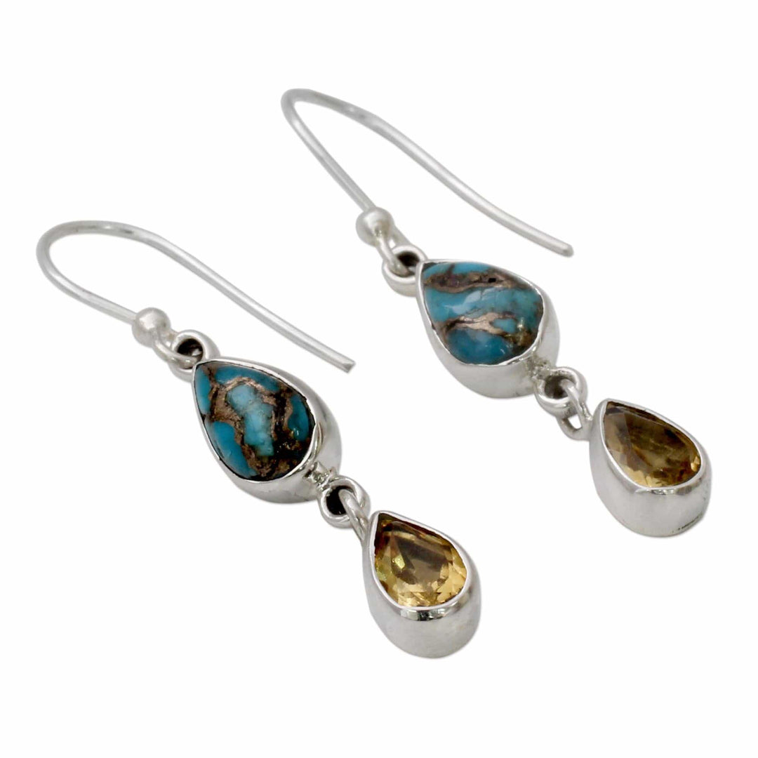 Citrine and Composite Blue Turquoise Dangle Earrings - Heavenly Light