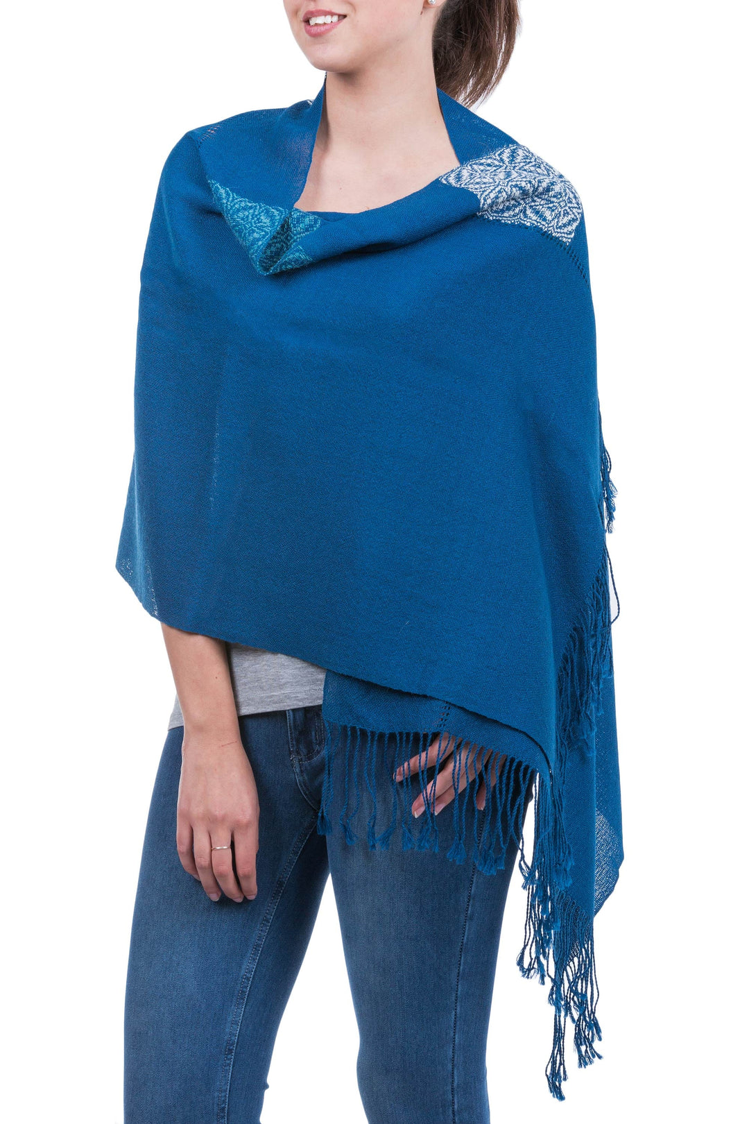 Andean Baby Alpaca Backstrap Loom Blue Floral Shawl - Blue Dahlia