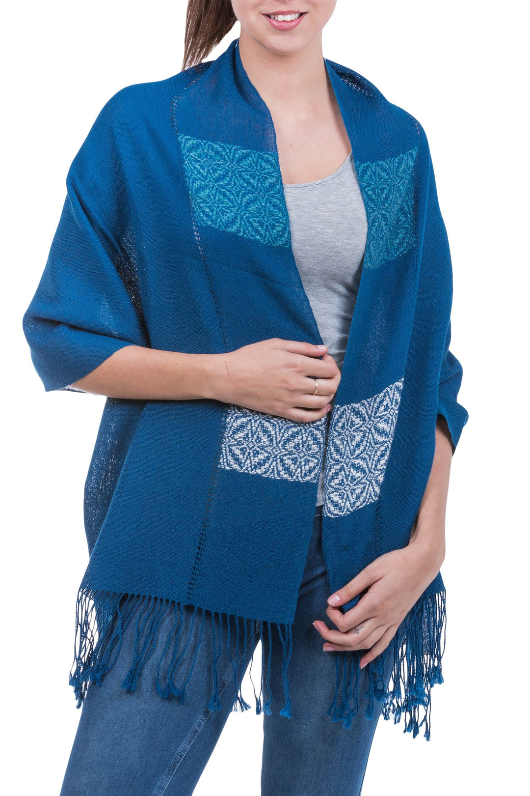 Andean Baby Alpaca Backstrap Loom Blue Floral Shawl - Blue Dahlia