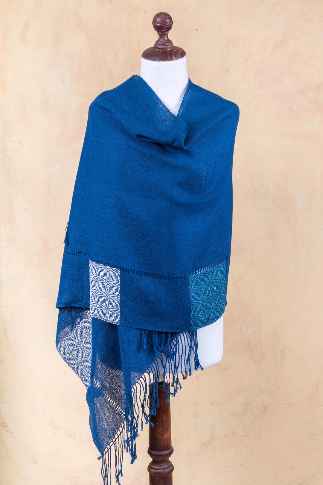 Andean Baby Alpaca Backstrap Loom Blue Floral Shawl - Blue Dahlia