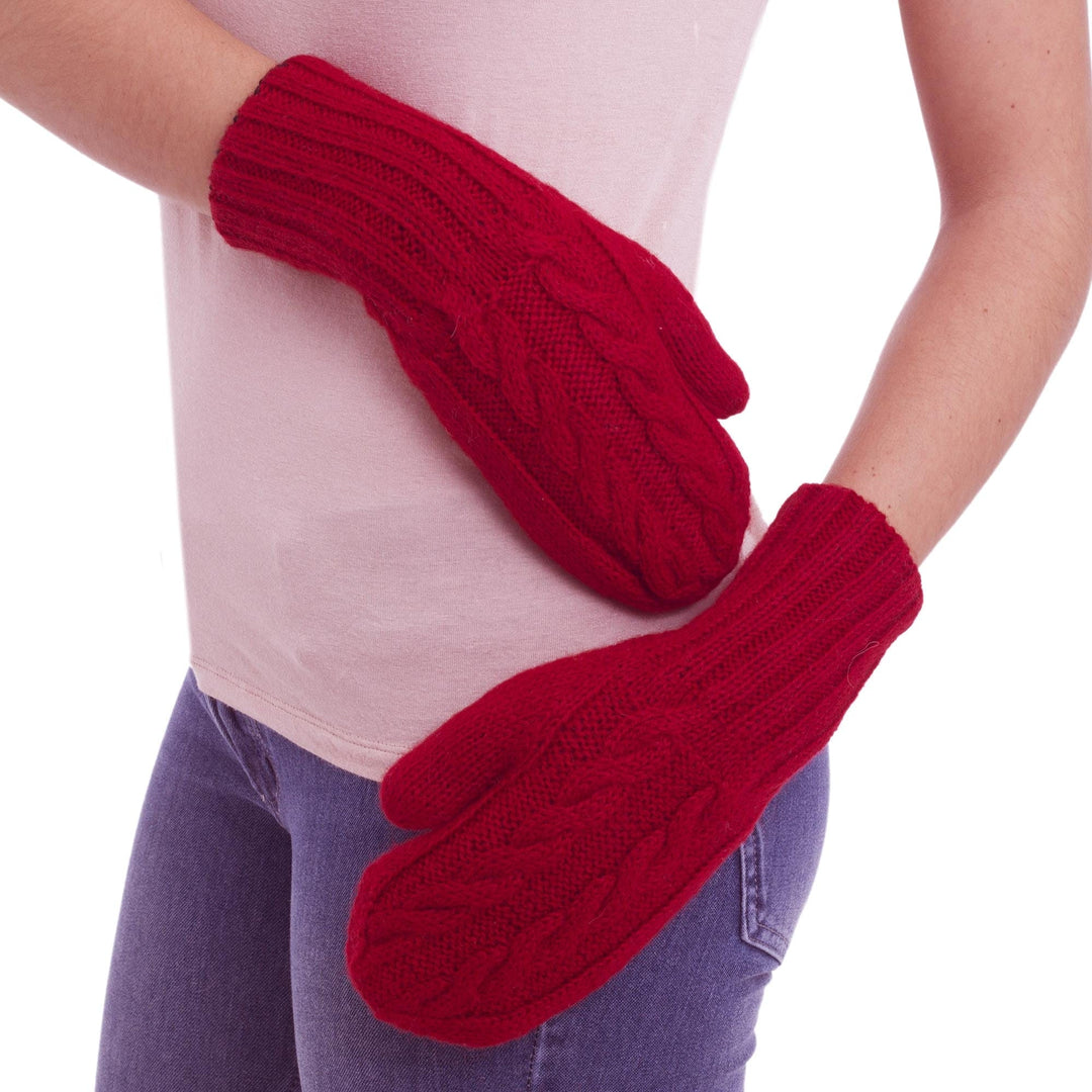 Red and Black Reversible Hand Knitted 100% Alpaca Mittens - Cherry Cola